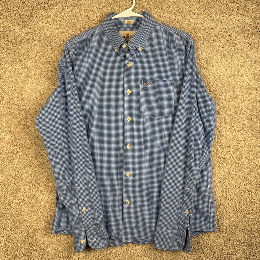 Hollister Button Down Shirt Mens L Blue Check Plaid Long Sleeve Stretch w Pocket